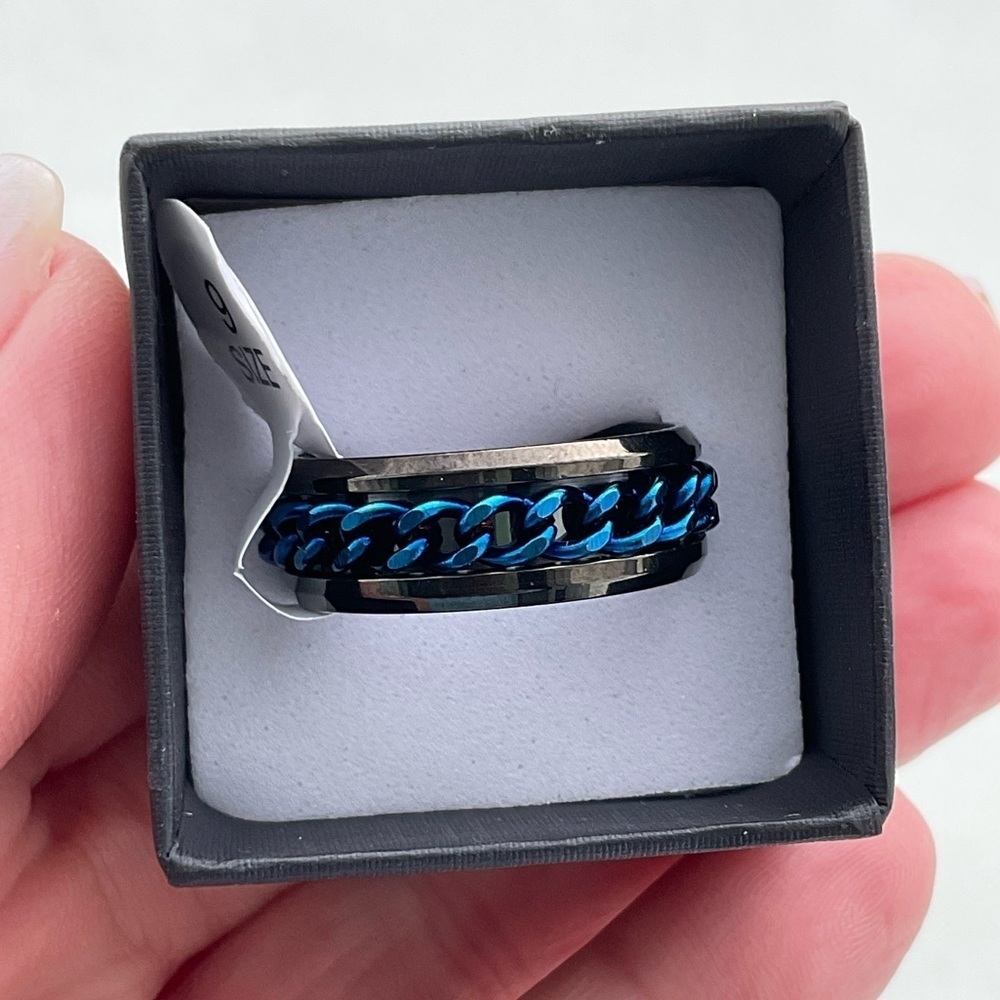 Rotating  Unisex Black & Blue Stainless Steel Fidget Ring - Picture 9 of 12
